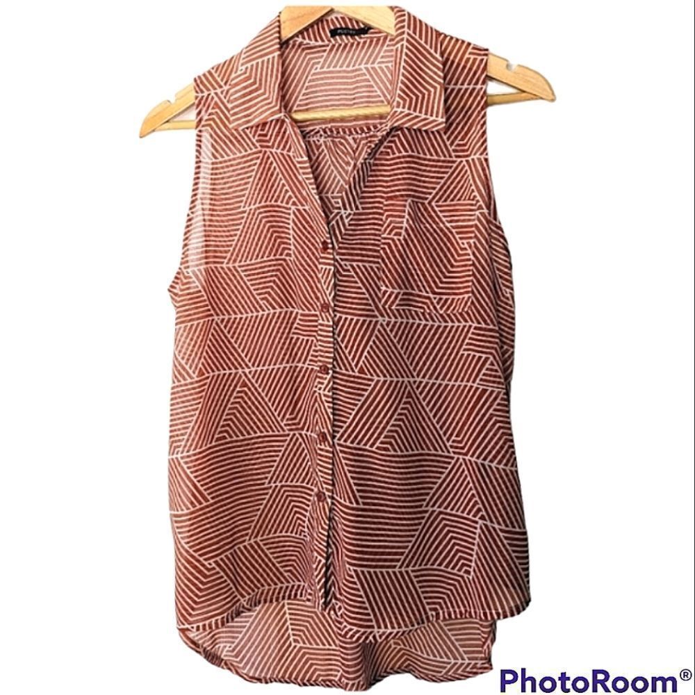 Poetry Clothing Sheer Button Down Sleeveless V Neck Blouse Geometric Print M